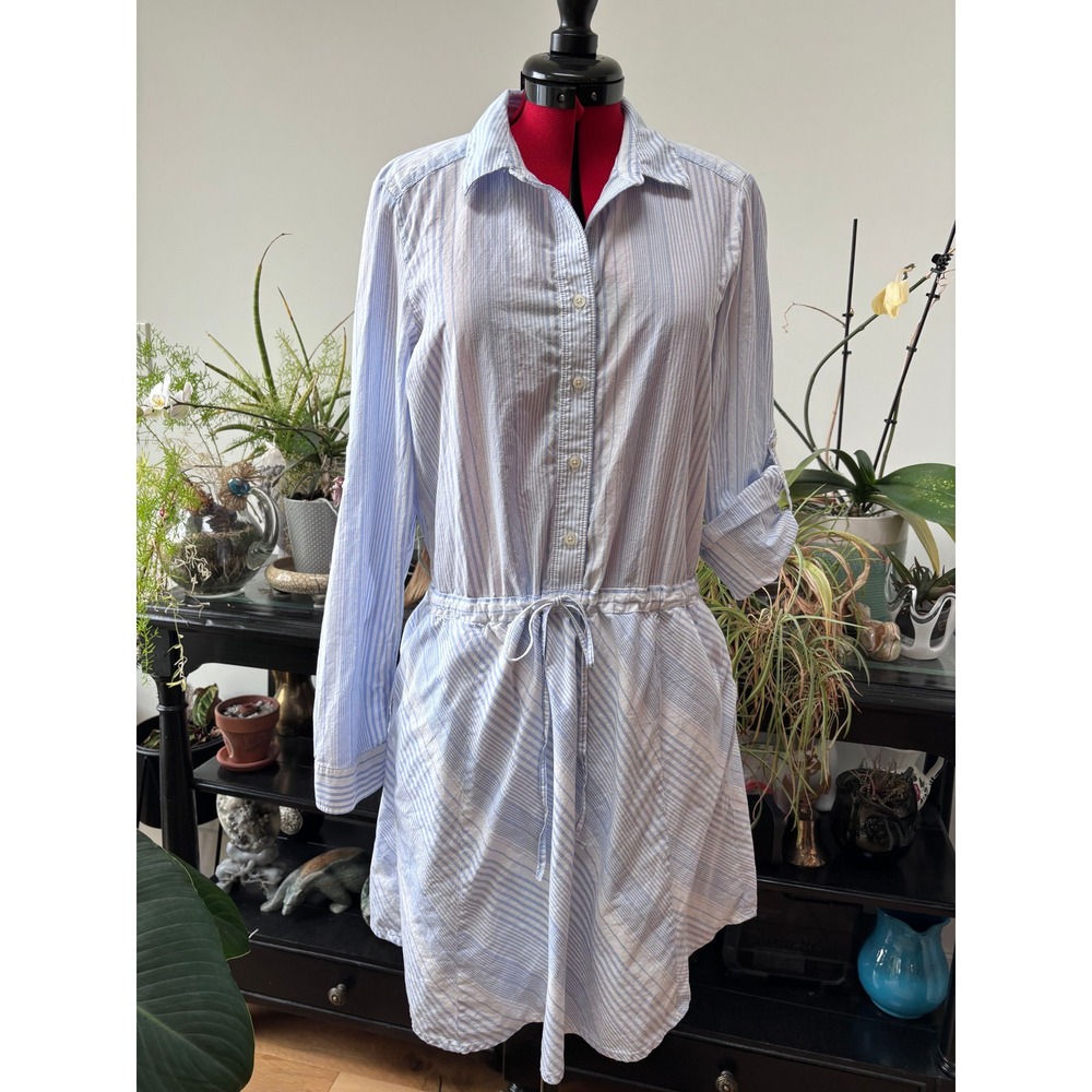 GAP shirt dress women small blue white striped cotton seersucker roll tab sleeve